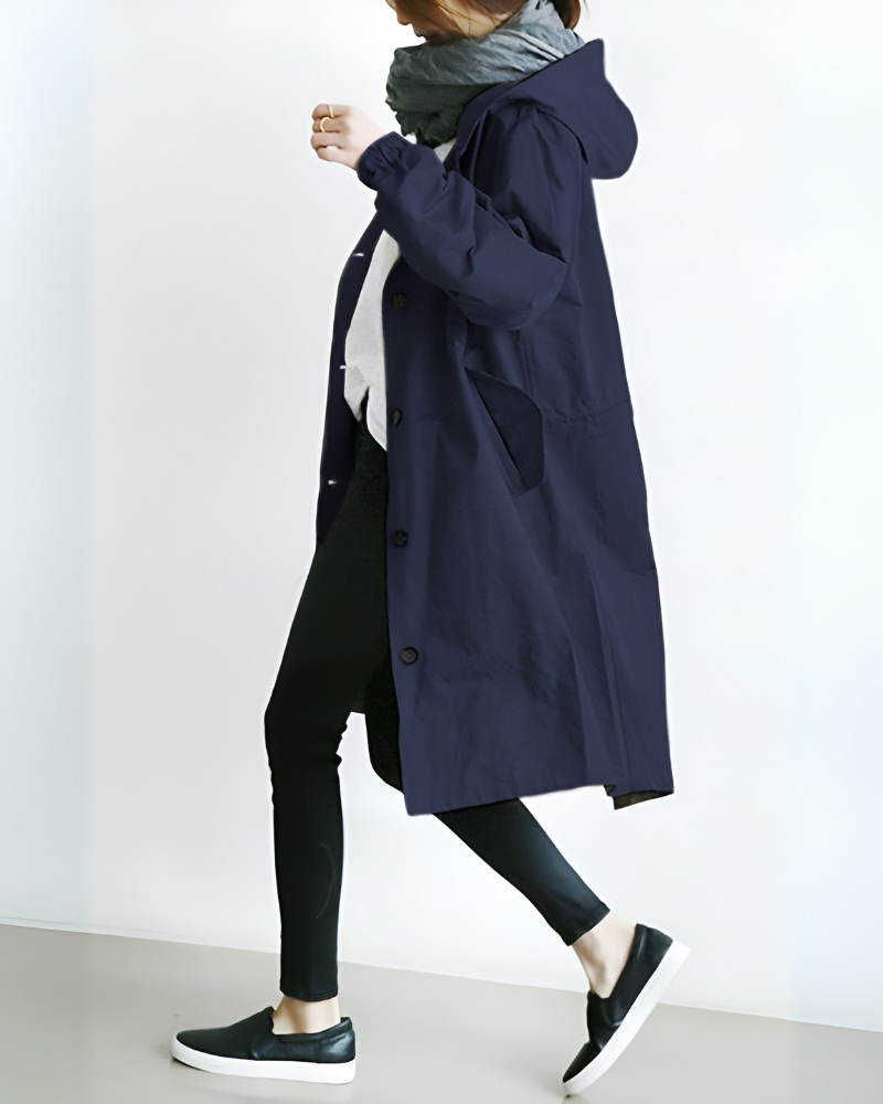 Eve – Women's Knee-Length Hooded Coat with Drawstring Waist