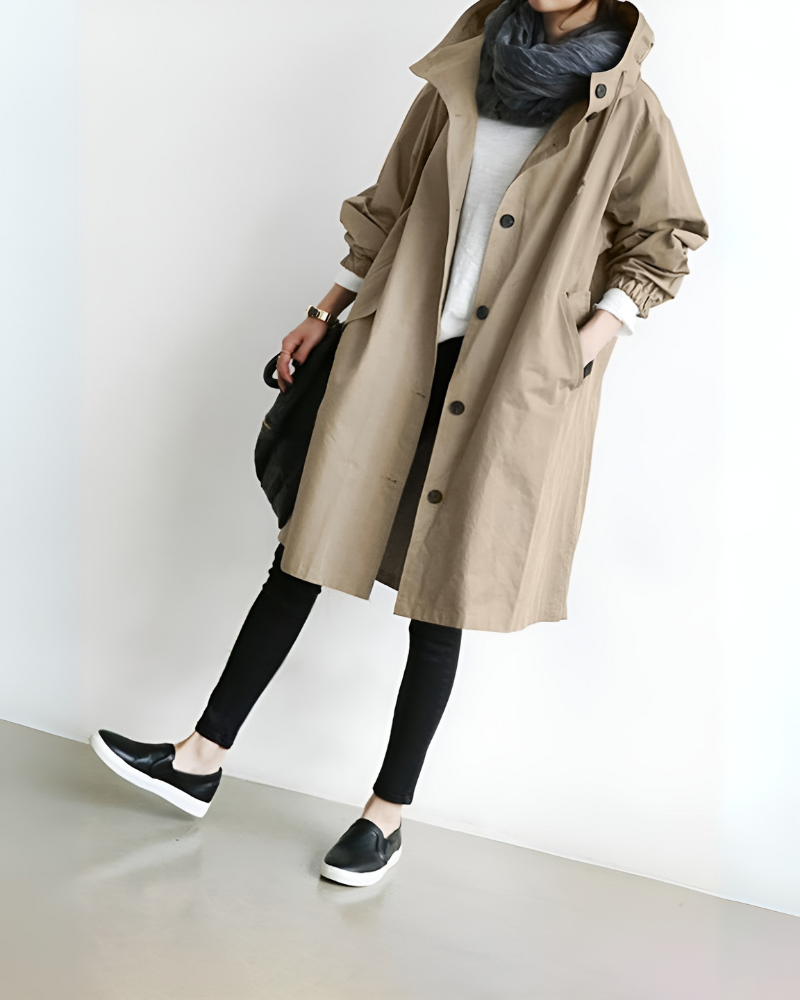 Eve – Women's Knee-Length Hooded Coat with Drawstring Waist