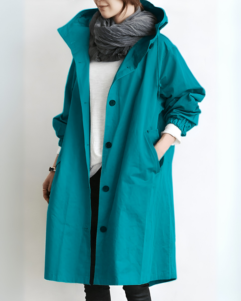 Eve – Women's Knee-Length Hooded Coat with Drawstring Waist