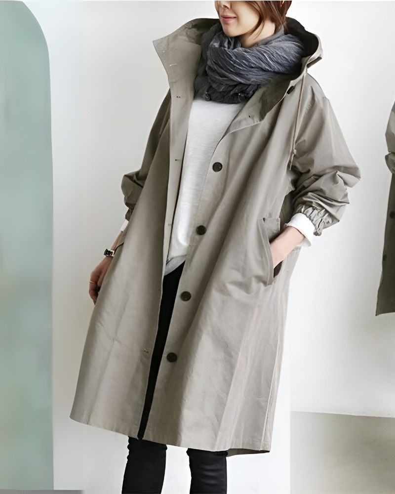 Eve – Women's Knee-Length Hooded Coat with Drawstring Waist