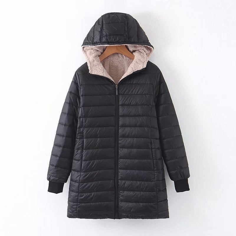 Hooded Quilted Parka Women's Fleece-Lined Navy Long Coat – Casual, Winter