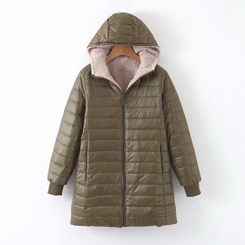 Hooded Quilted Parka Women's Fleece-Lined Navy Long Coat – Casual, Winter