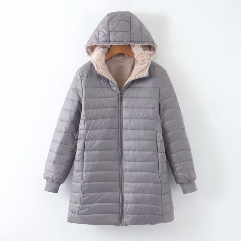 Hooded Quilted Parka Women's Fleece-Lined Navy Long Coat – Casual, Winter
