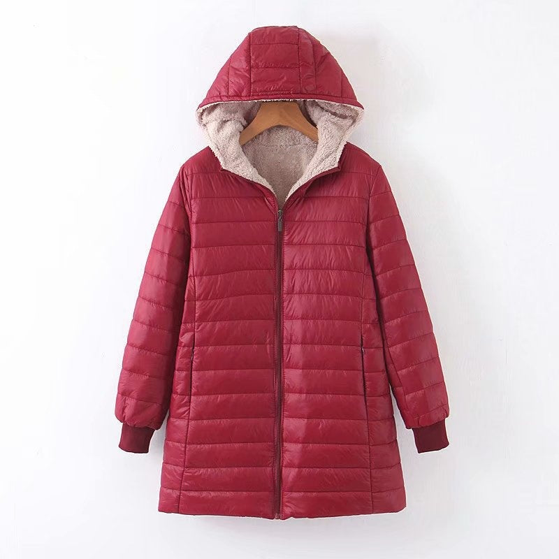 Hooded Quilted Parka Women's Fleece-Lined Navy Long Coat – Casual, Winter