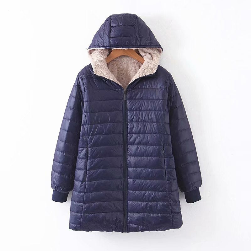 Hooded Quilted Parka Women's Fleece-Lined Navy Long Coat – Casual, Winter