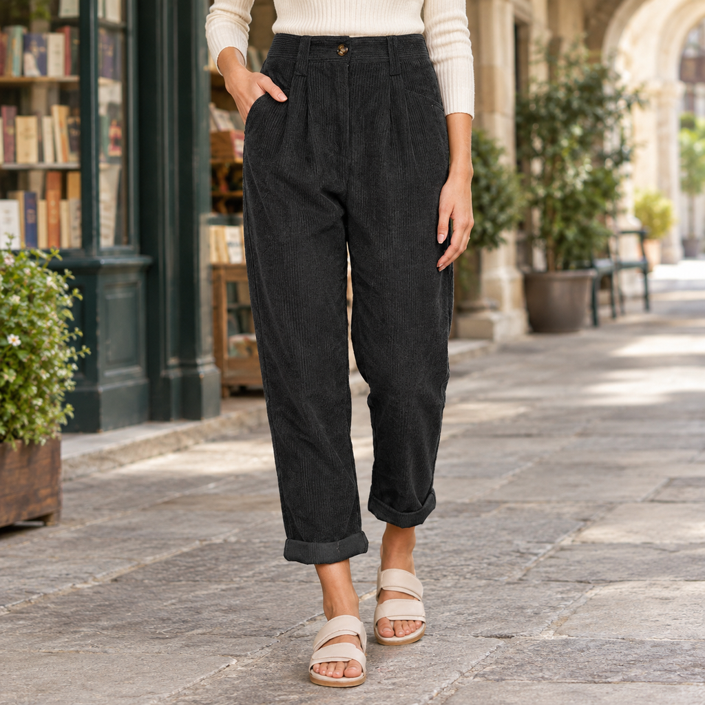 Federica – Women's Pleated High-Rise Cord-Look Pants with Rolled Cuffs