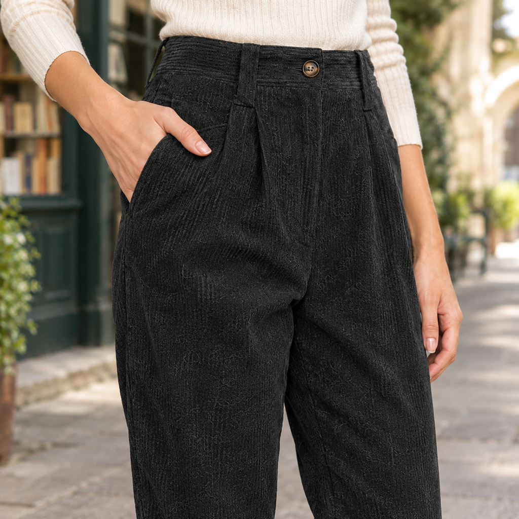 Federica – Women's Pleated High-Rise Cord-Look Pants with Rolled Cuffs