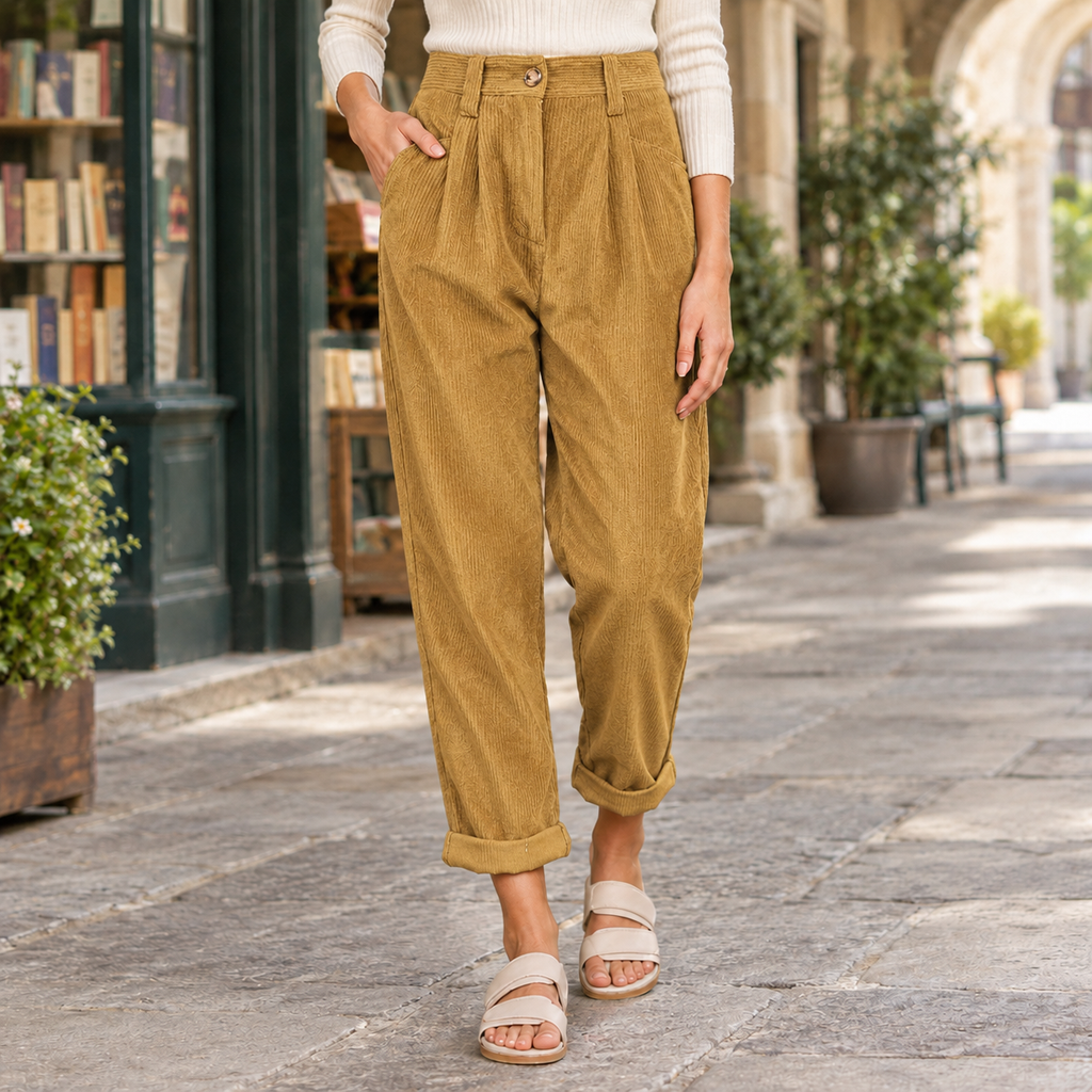 Federica – Women's Pleated High-Rise Cord-Look Pants with Rolled Cuffs