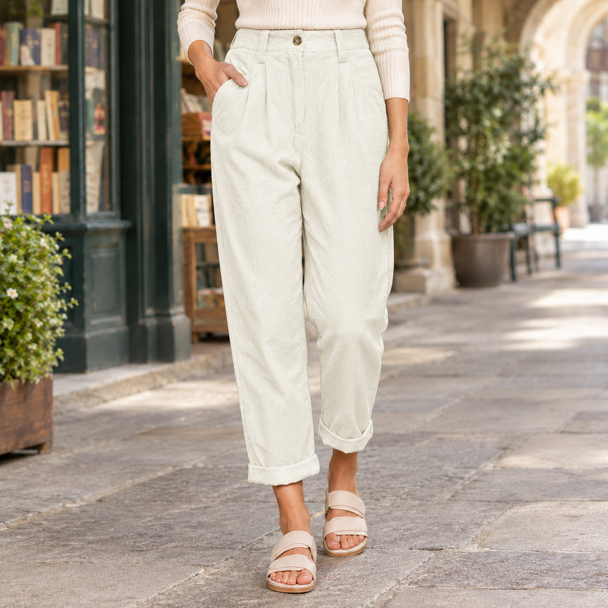 Federica – Women's Pleated High-Rise Cord-Look Pants with Rolled Cuffs