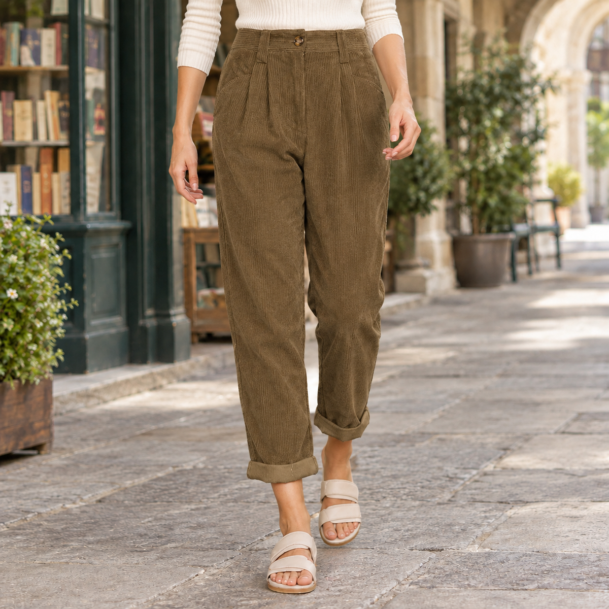 Federica – Women's Pleated High-Rise Cord-Look Pants with Rolled Cuffs
