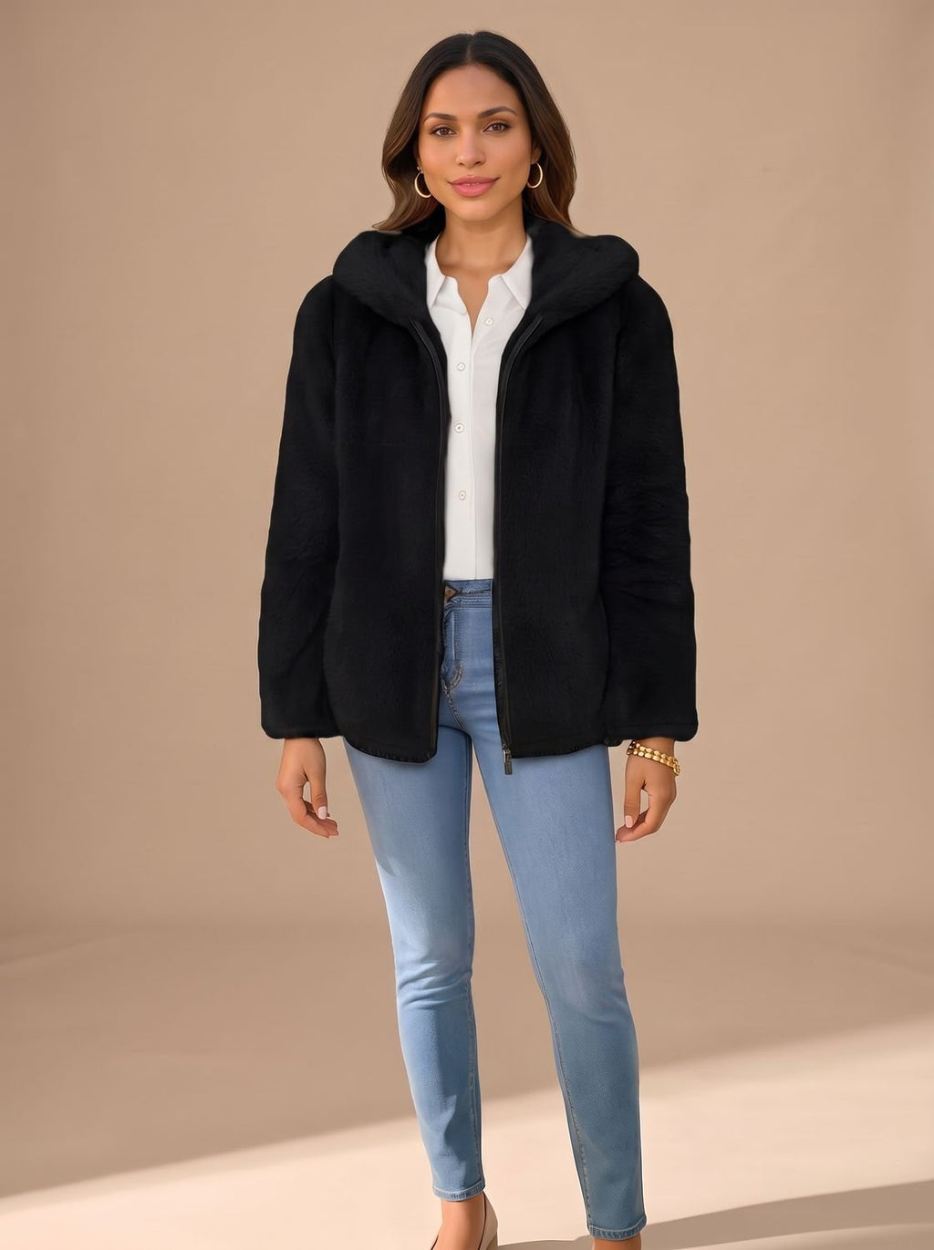 Frances – Women's Plush Faux Fur-Look Jacket with Hood