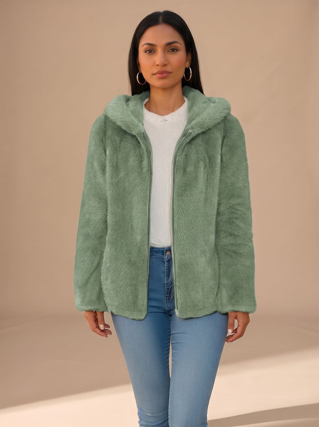 Frances – Women's Plush Faux Fur-Look Jacket with Hood