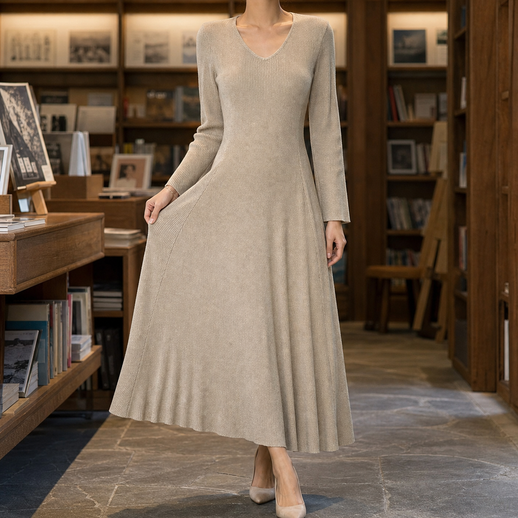 Geraldine – Women's Long Sleeve A-Line Maxi Dress with V-Neck