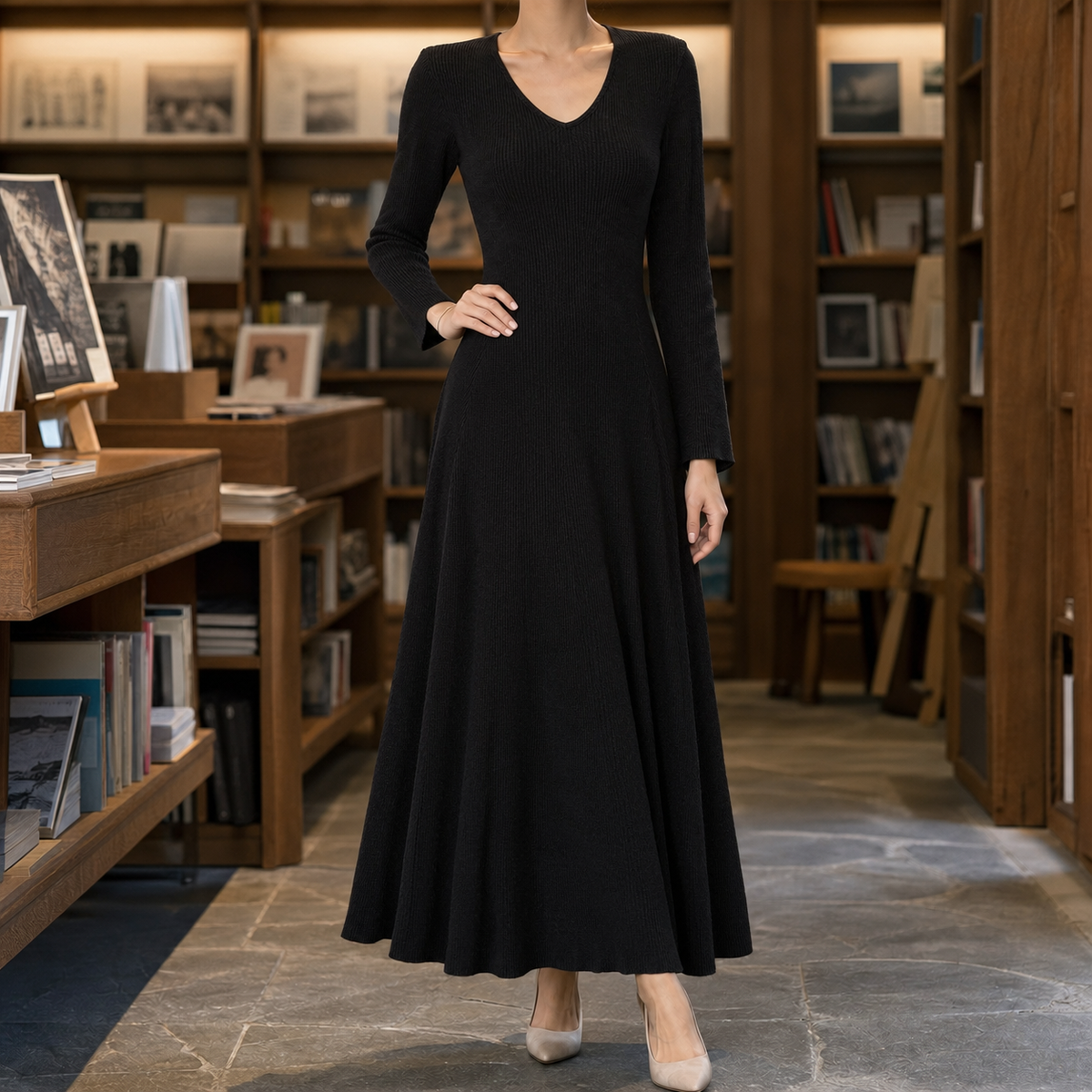 Geraldine – Women's Long Sleeve A-Line Maxi Dress with V-Neck