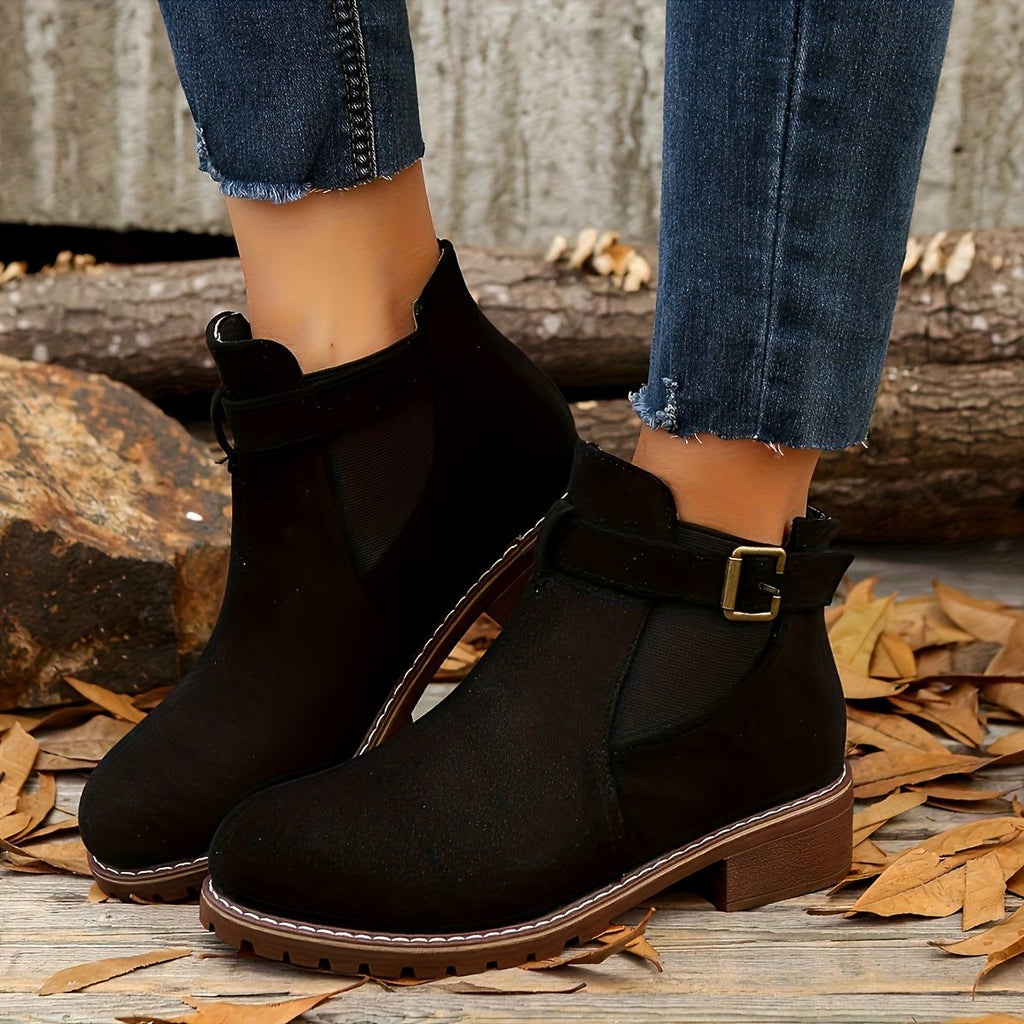 Block Heel Chelsea Ankle Boots with Buckle Strap for Women - Black