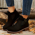Block Heel Chelsea Ankle Boots with Buckle Strap for Women - Black