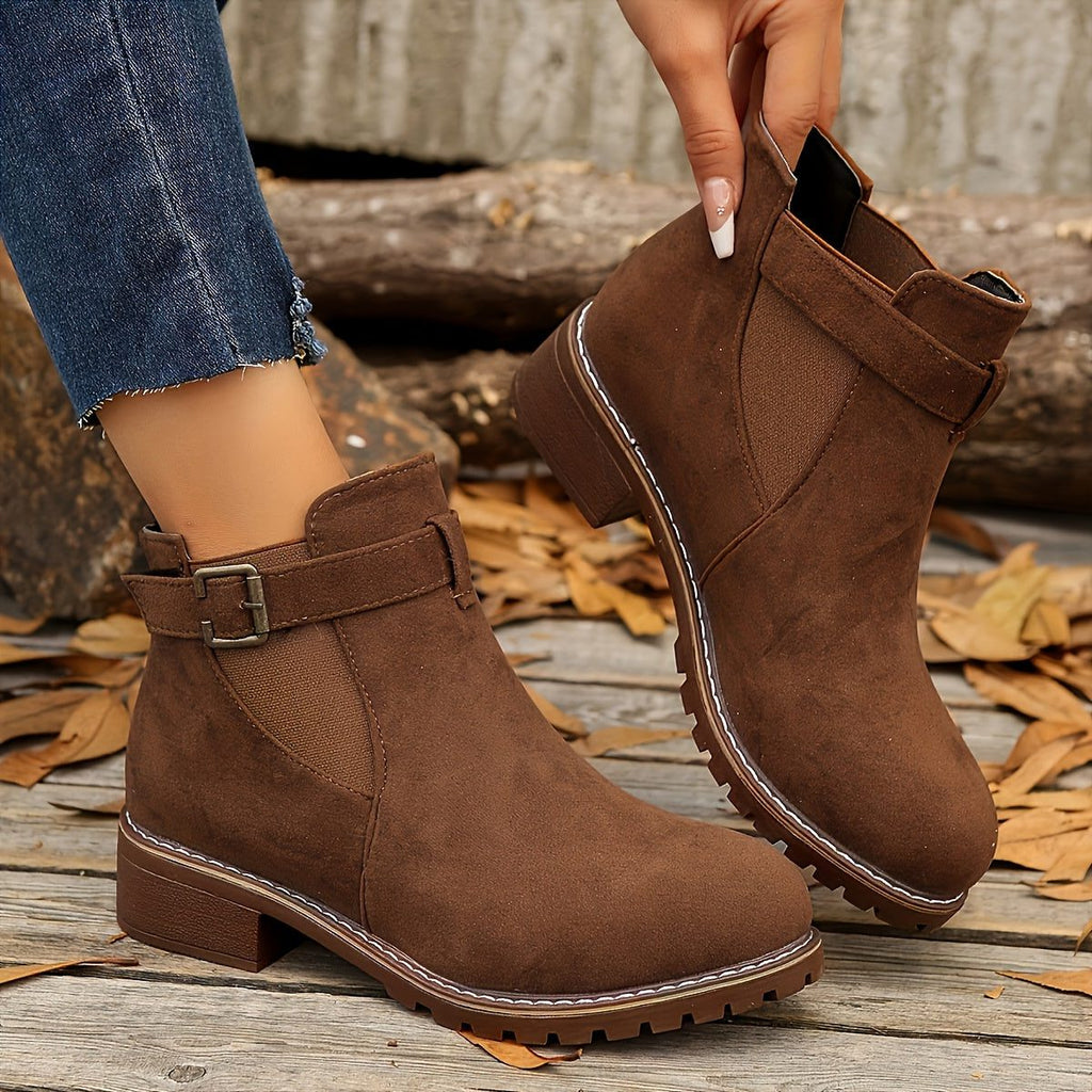 Block Heel Chelsea Ankle Boots with Buckle Strap for Women - Caramel Brown