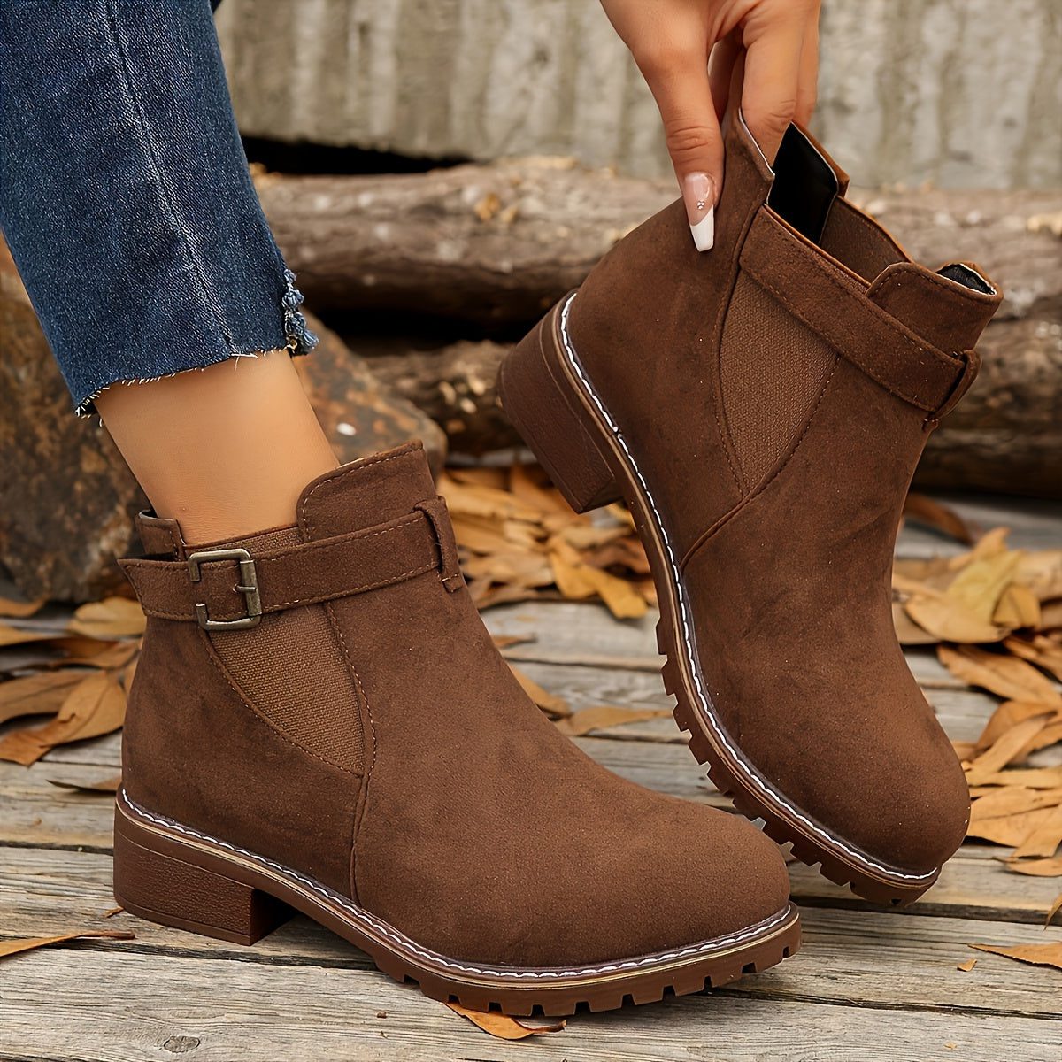 Block Heel Chelsea Ankle Boots with Buckle Strap for Women - Caramel Brown