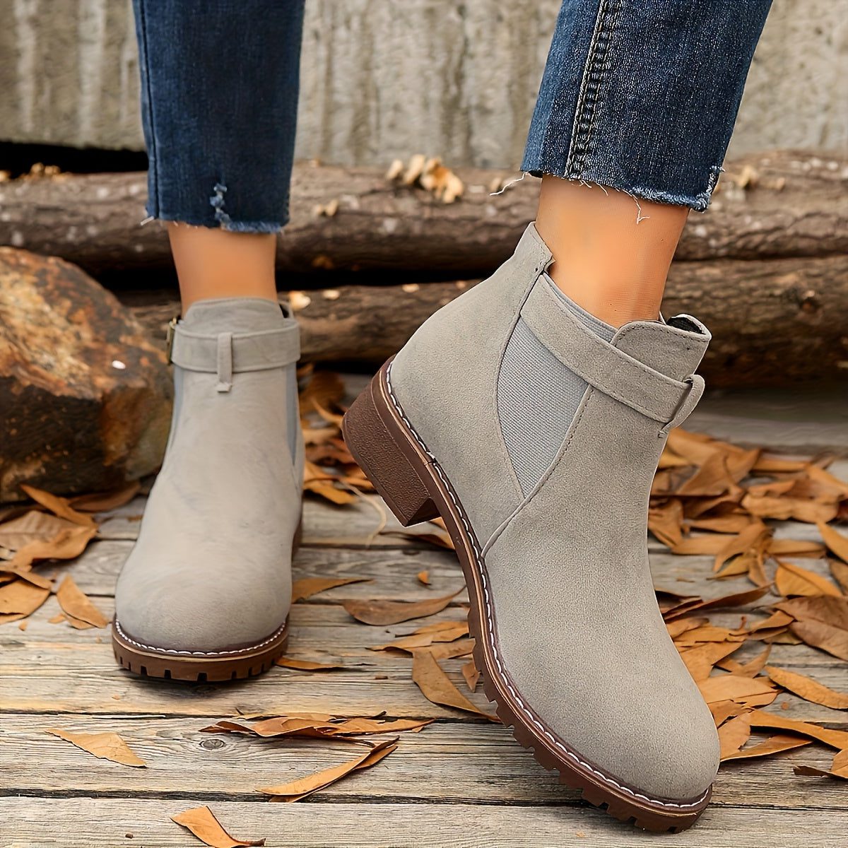 Block Heel Chelsea Ankle Boots with Buckle Strap for Women - Gray
