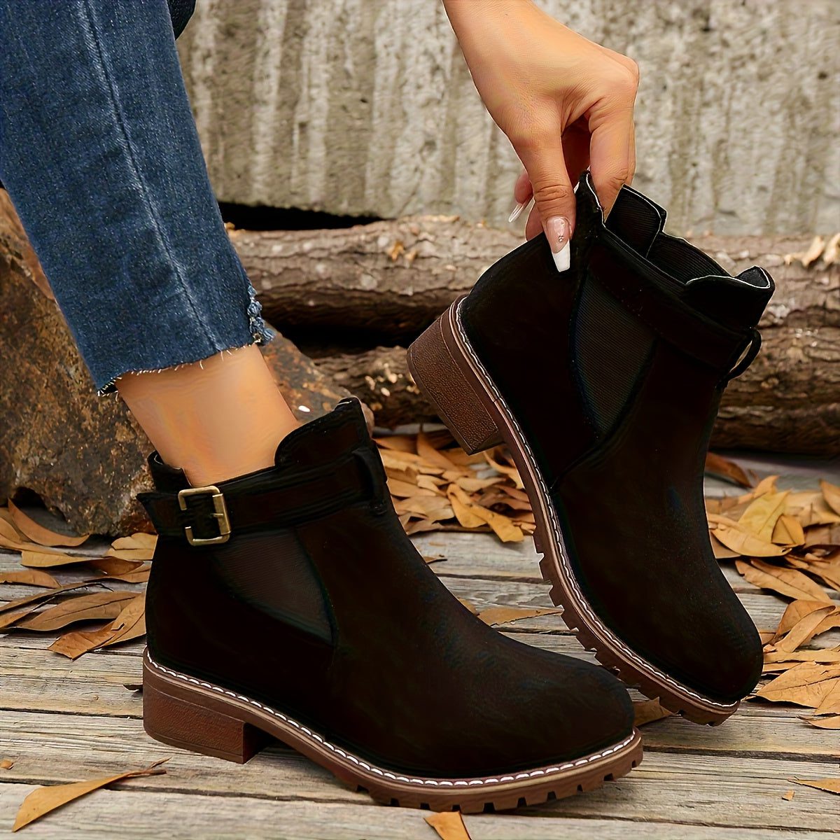 Block Heel Chelsea Ankle Boots with Buckle Strap for Women - View 6