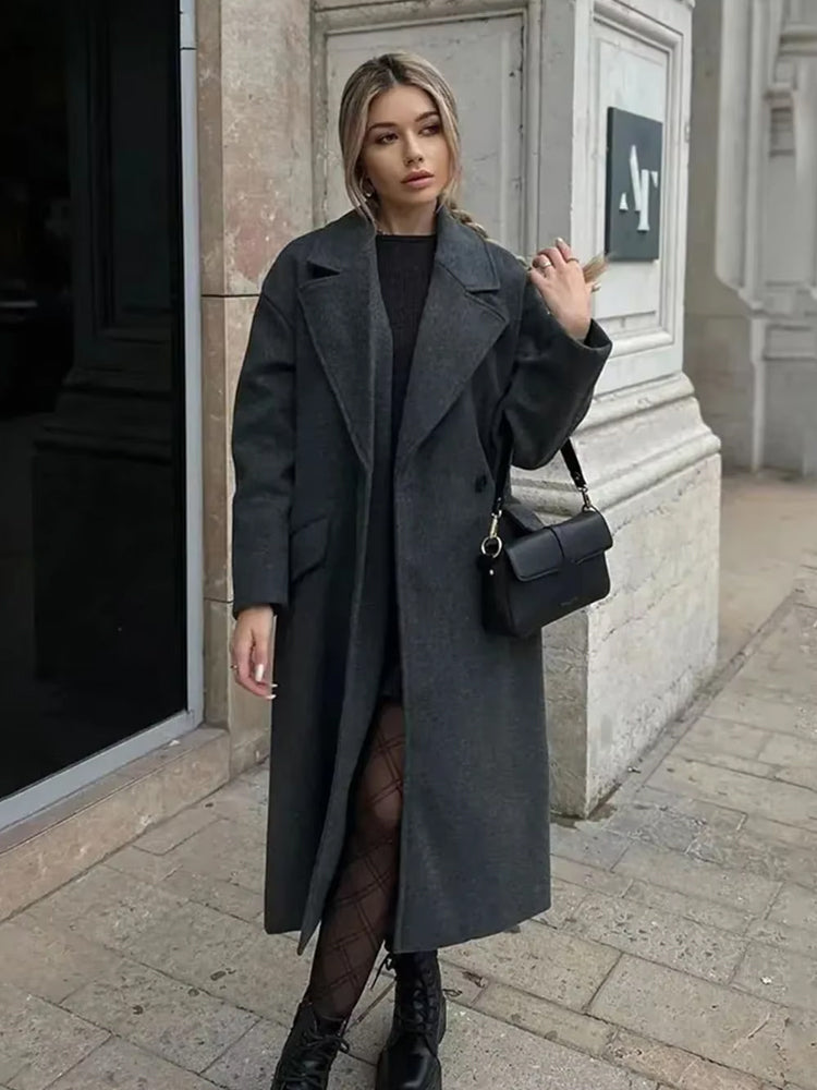 Halle – Women's Long Wool-Look Overcoat with Wide Lapels