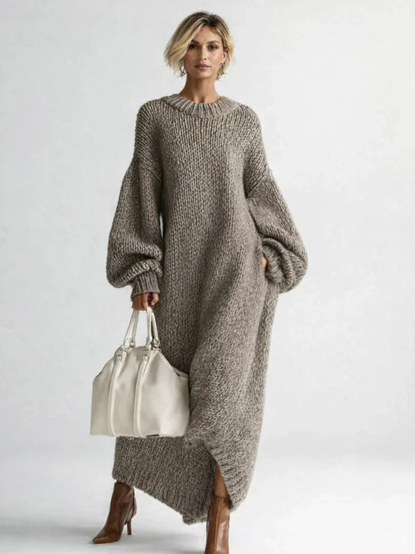 Henley – Women's Balloon Sleeve Slouchy Maxi Dress with Ribbed Hem