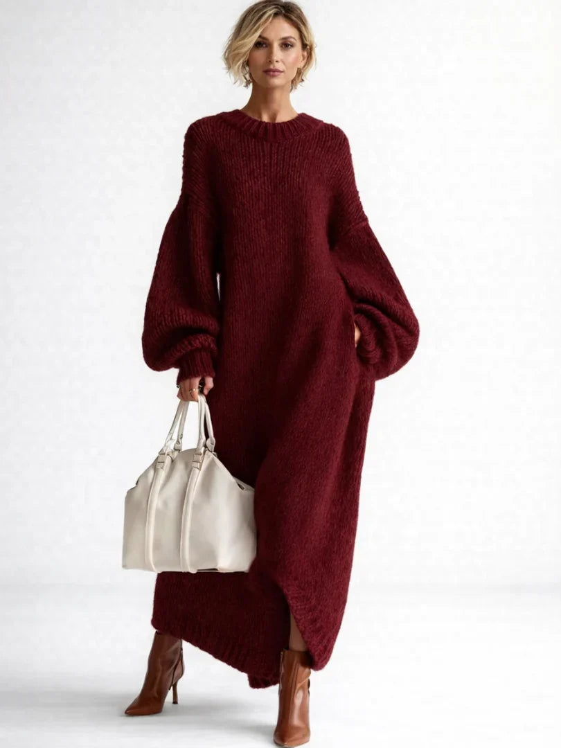 Henley – Women's Balloon Sleeve Slouchy Maxi Dress with Ribbed Hem
