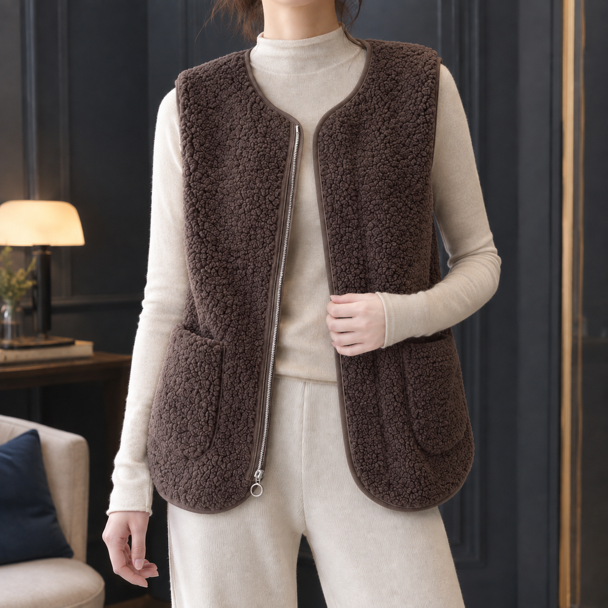 Roseline-Hope Teddy Zip Vest - Brown
