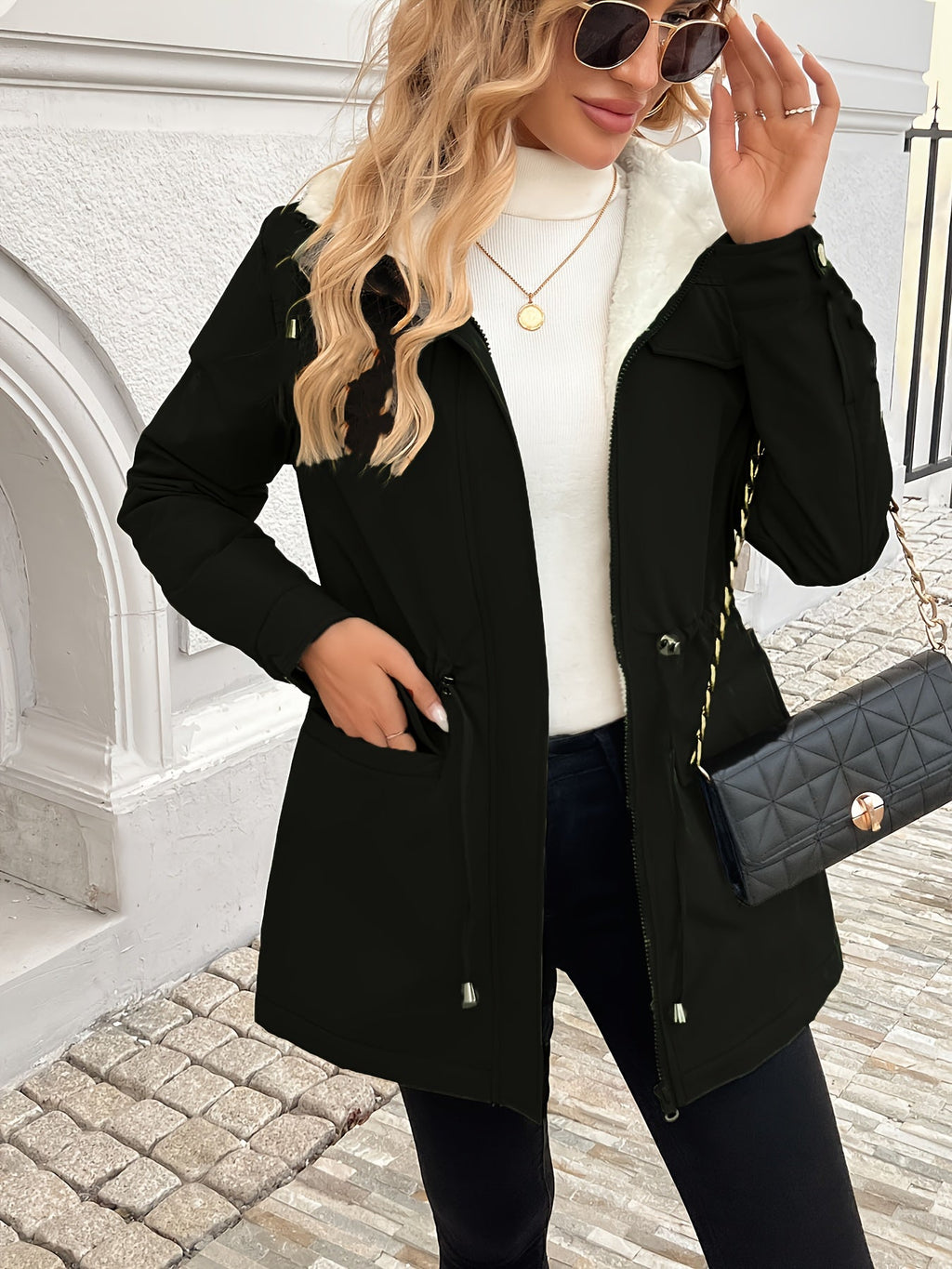 Joyce – Women's Zip-Up Hooded Winter Jacket with Sherpa Lining