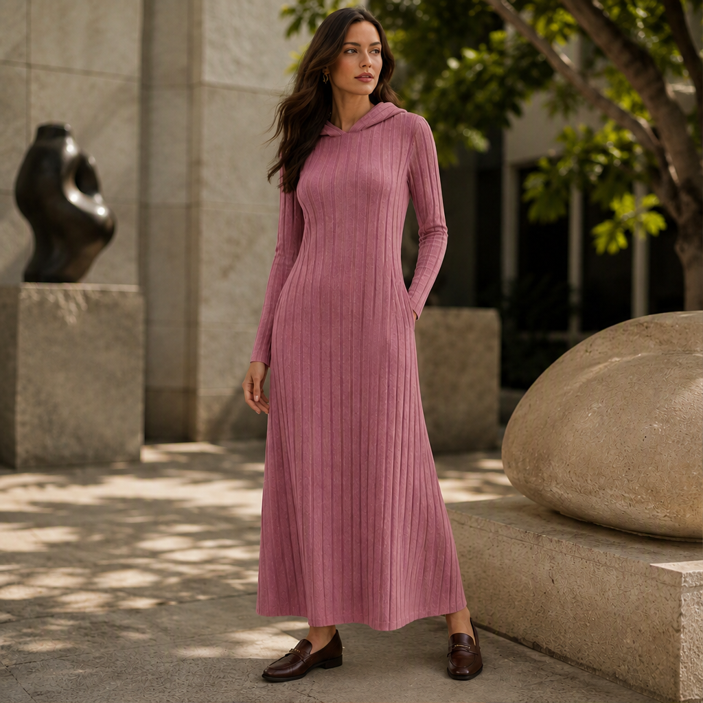Juliet – Women's Ribbed Maxi Hoodie Dress with Side Pockets