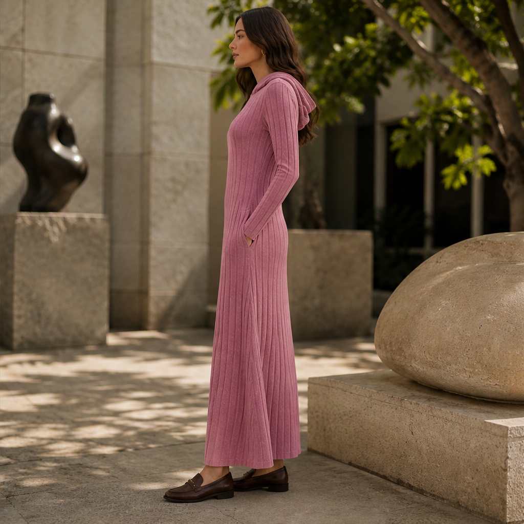 Juliet – Women's Ribbed Maxi Hoodie Dress with Side Pockets