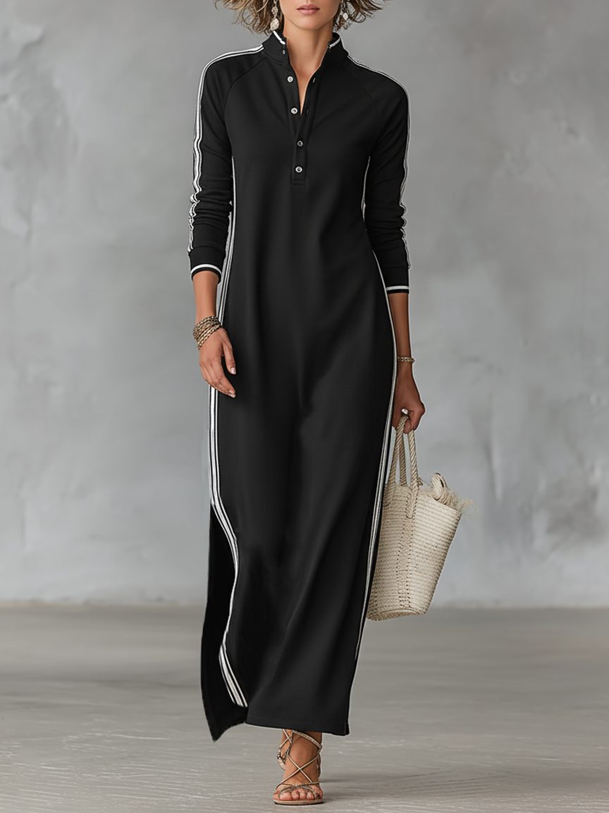 Justine – Women's Henley Long Sleeve Maxi Dress with Side Slits