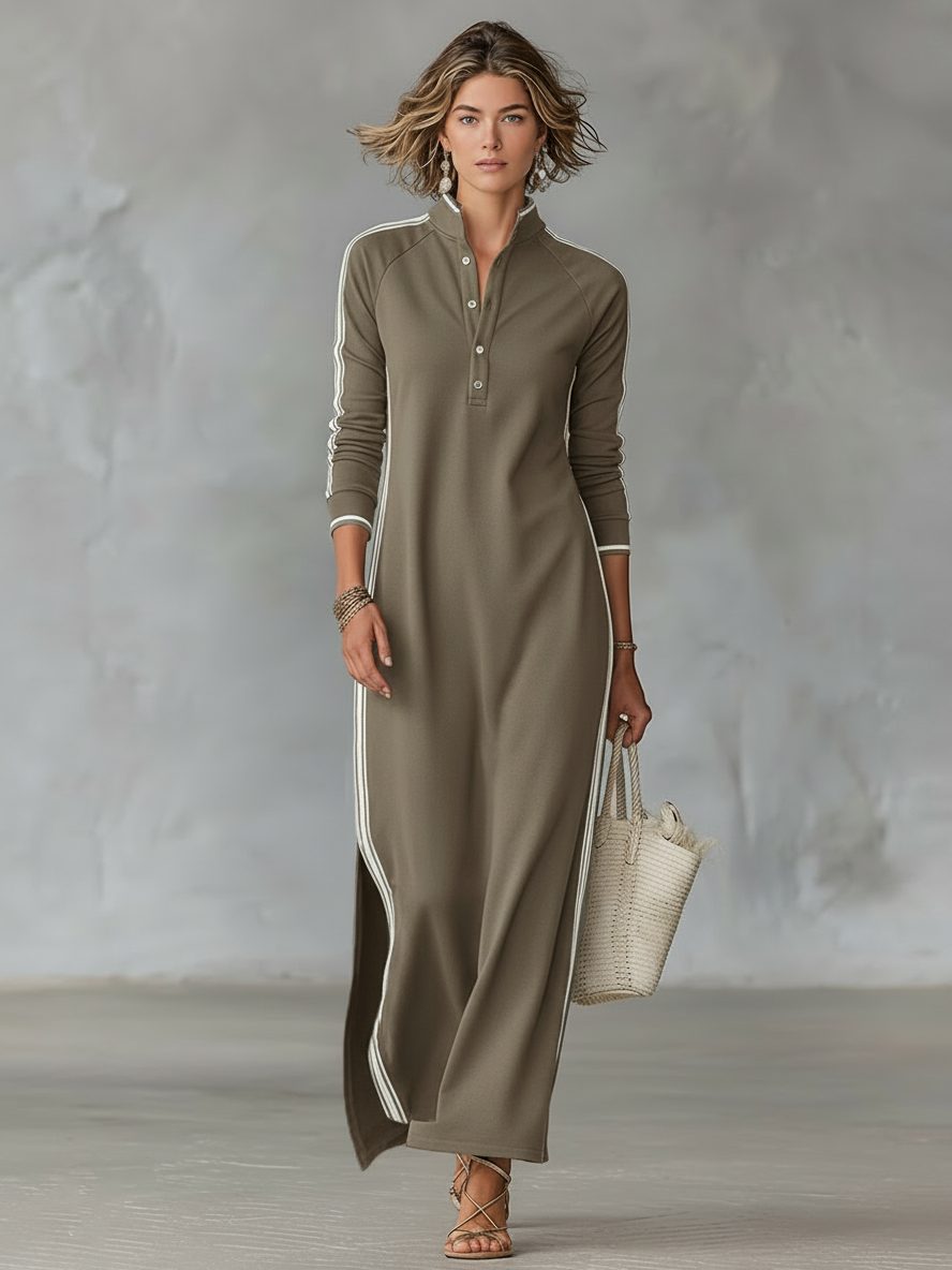 Justine – Women's Henley Long Sleeve Maxi Dress with Side Slits