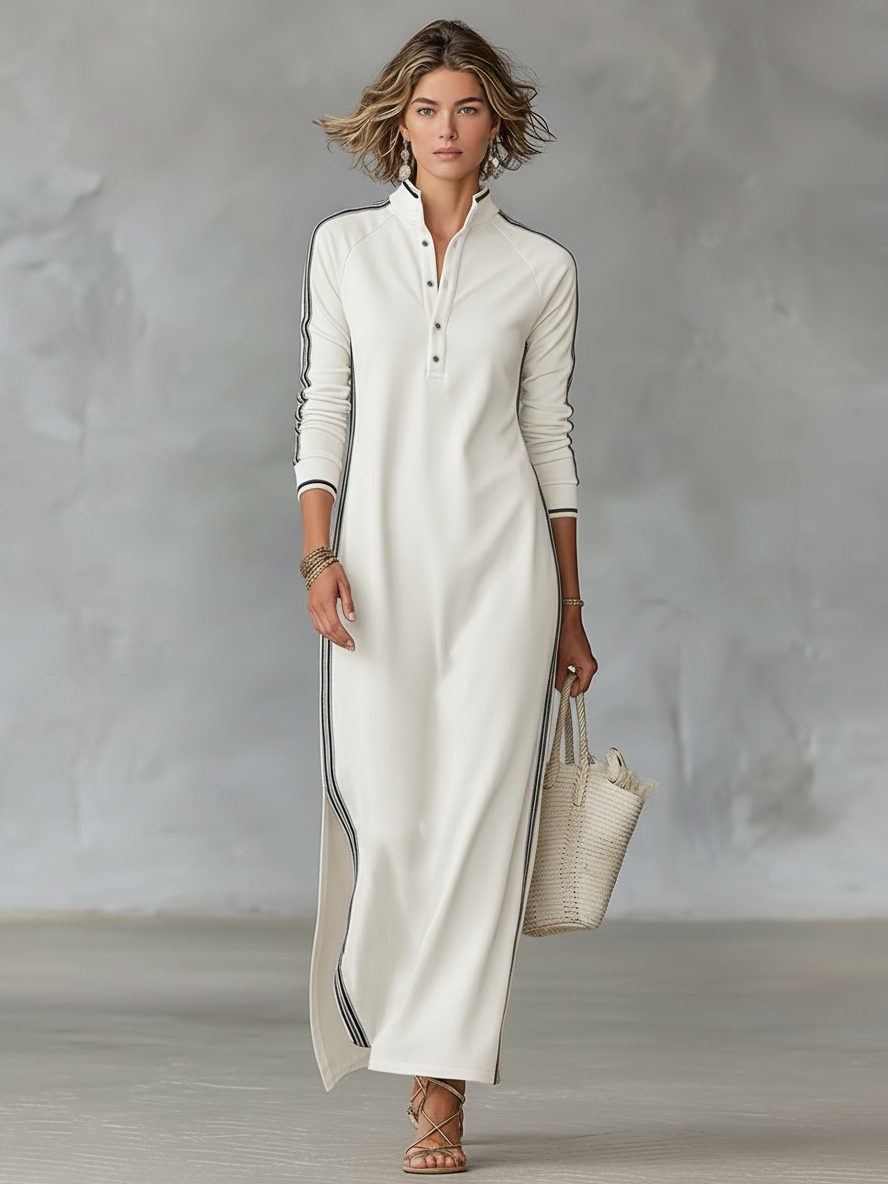 Justine – Women's Henley Long Sleeve Maxi Dress with Side Slits