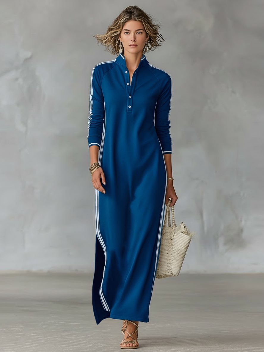 Justine – Women's Henley Long Sleeve Maxi Dress with Side Slits