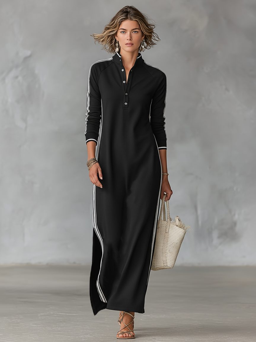 Justine – Women's Henley Long Sleeve Maxi Dress with Side Slits