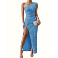 Kaela – Women's Side Slit Ruched Sparkly Maxi Dress