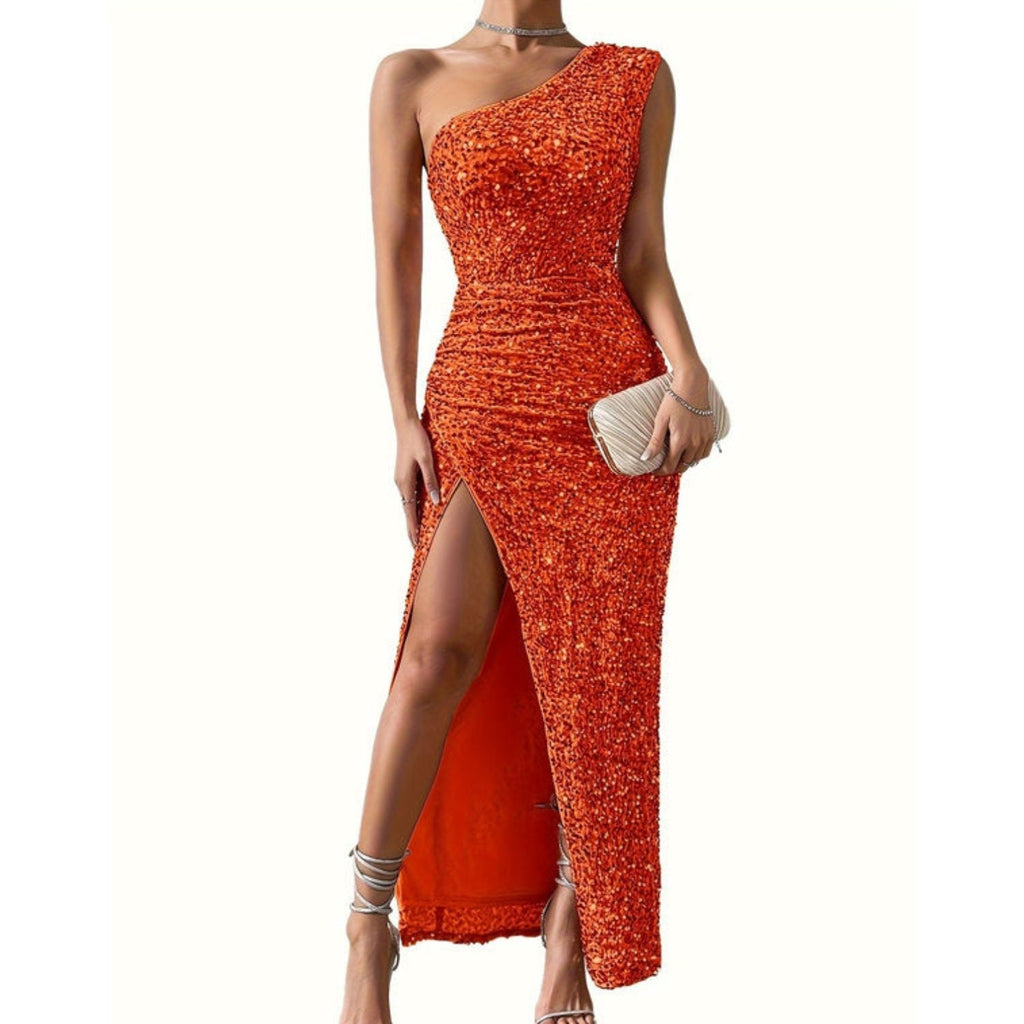 Kaela – Women's Side Slit Ruched Sparkly Maxi Dress