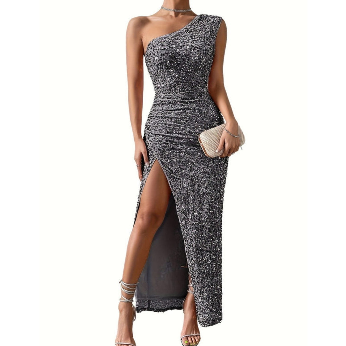 Kaela – Women's Side Slit Ruched Sparkly Maxi Dress