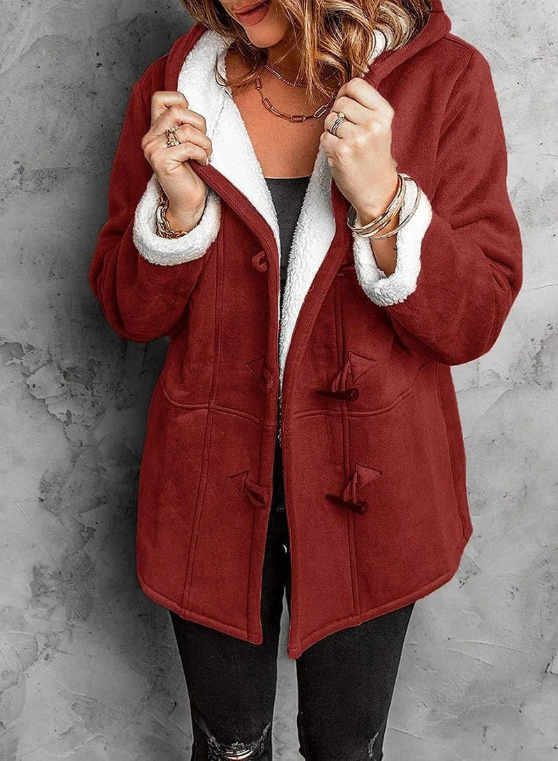 Lesley – Women's Hip-Length Toggle Coat with Sherpa-Lined Hood