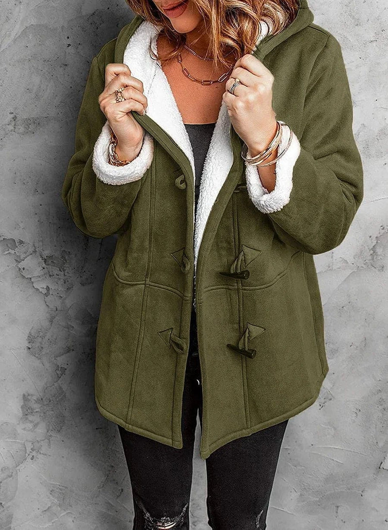 Lesley – Women's Hip-Length Toggle Coat with Sherpa-Lined Hood