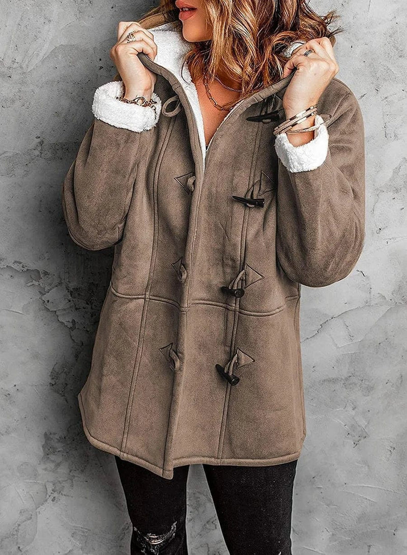 Lesley – Women's Hip-Length Toggle Coat with Sherpa-Lined Hood