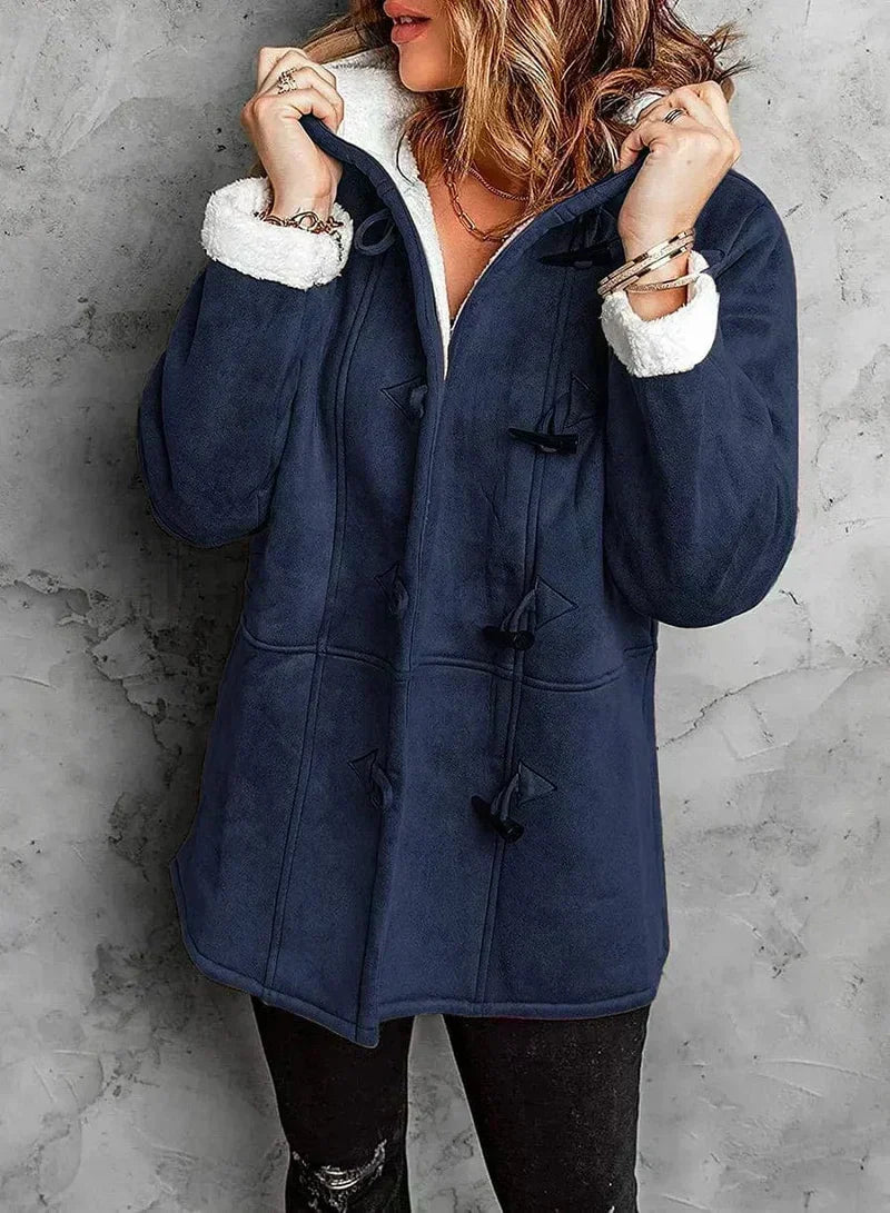 Lesley – Women's Hip-Length Toggle Coat with Sherpa-Lined Hood