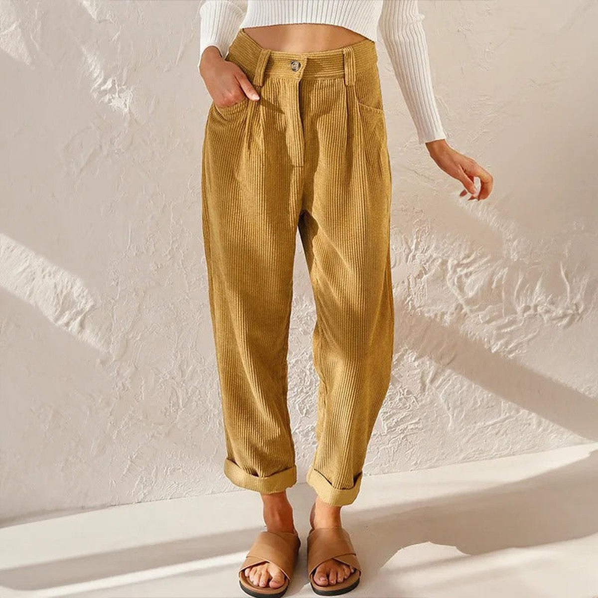 Gracie – Corduroy-Look Relaxed Pants with Cuffed Hem for Women