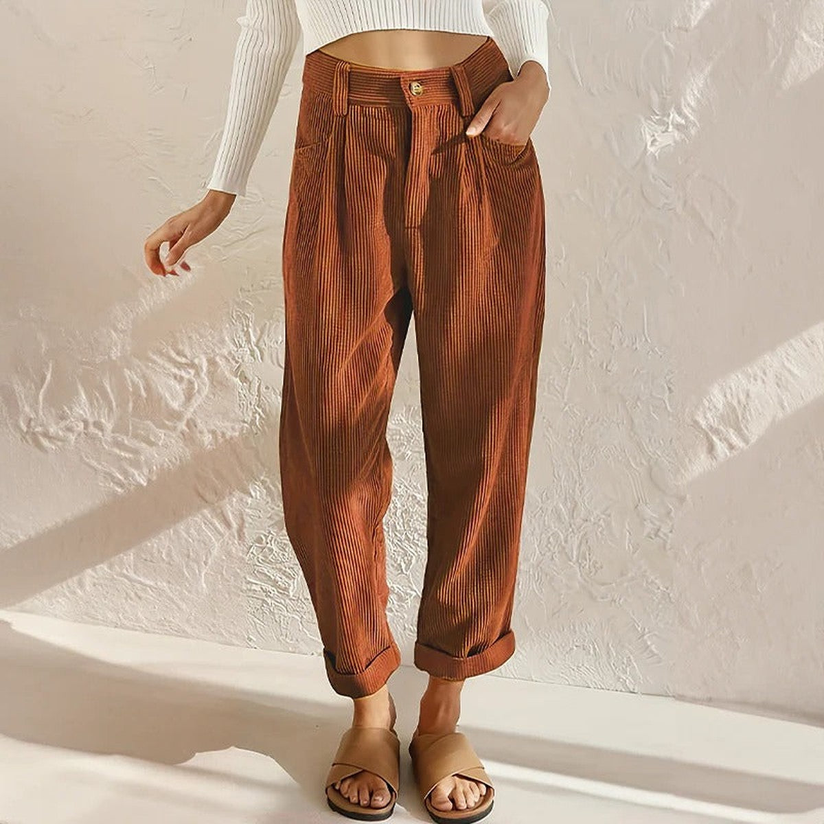 Gracie – Corduroy-Look Relaxed Pants with Cuffed Hem for Women
