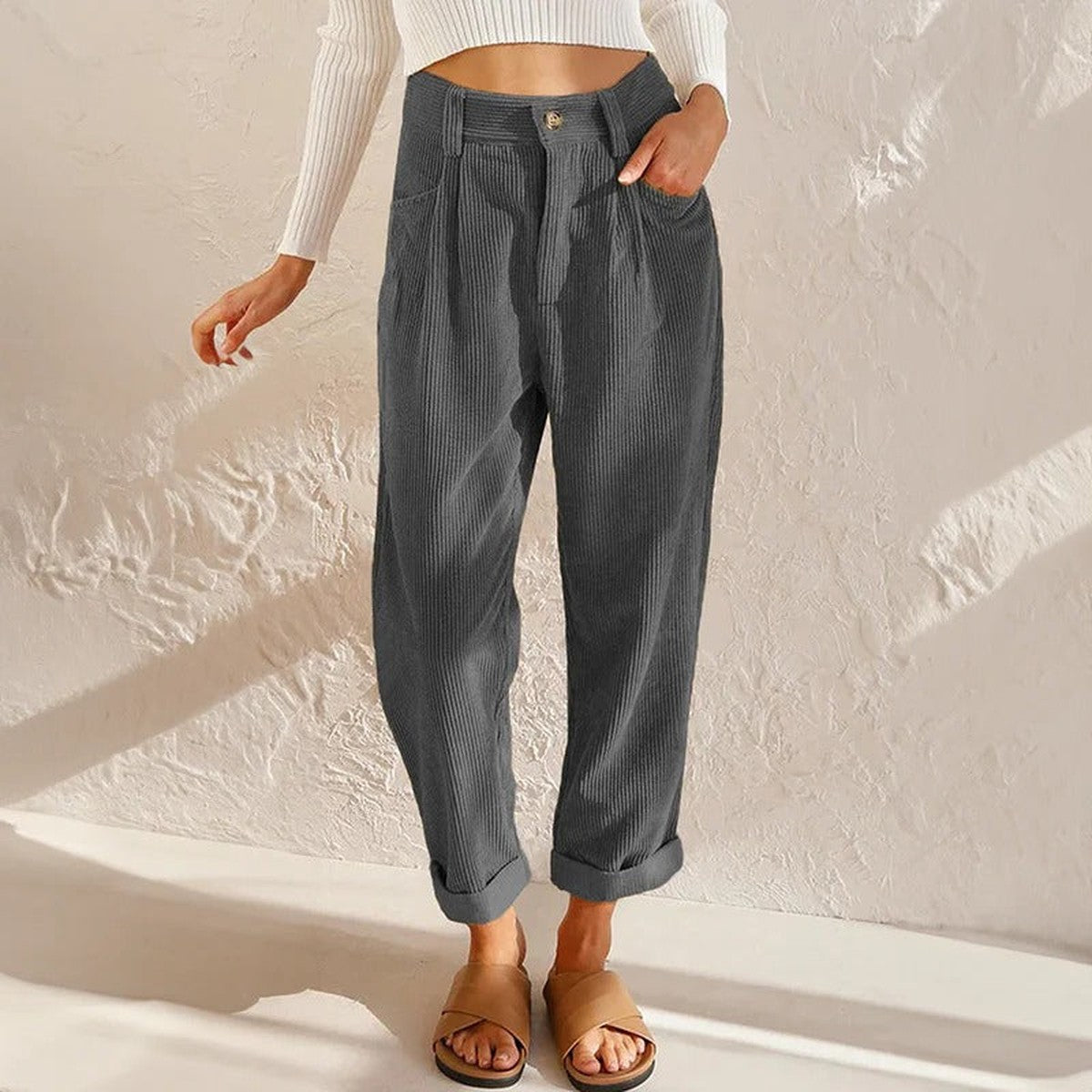 Gracie – Corduroy-Look Relaxed Pants with Cuffed Hem for Women