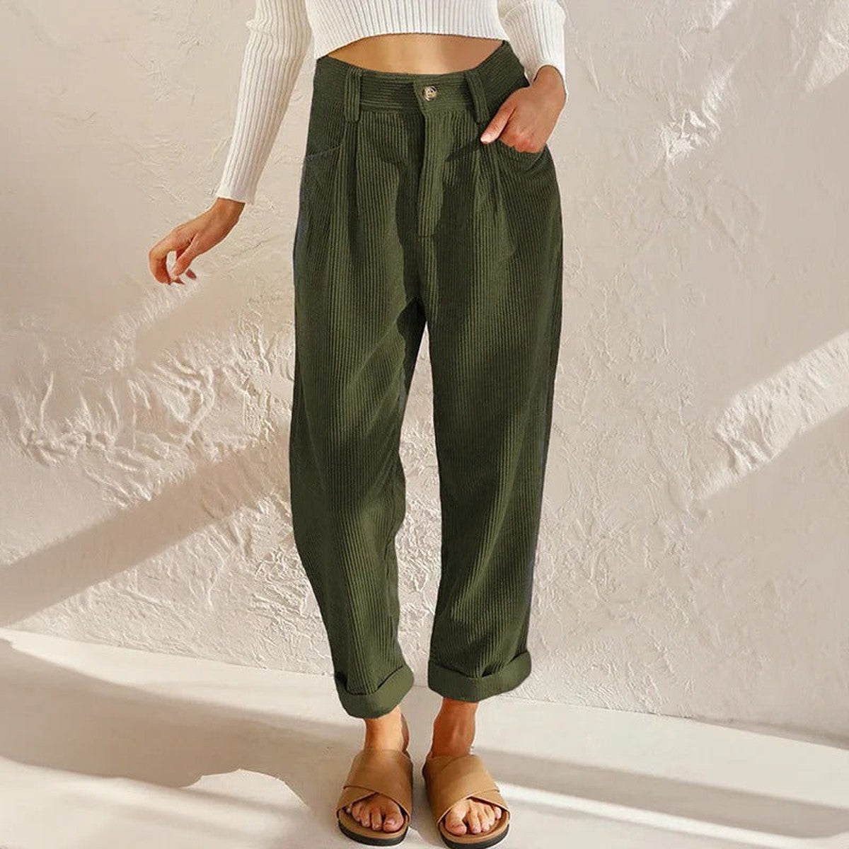 Gracie – Corduroy-Look Relaxed Pants with Cuffed Hem for Women