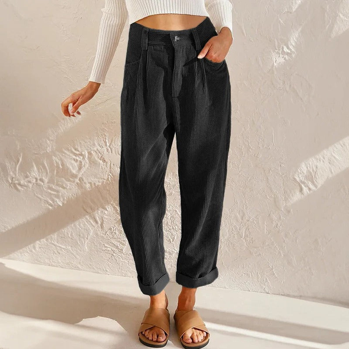 Gracie – Corduroy-Look Relaxed Pants with Cuffed Hem for Women