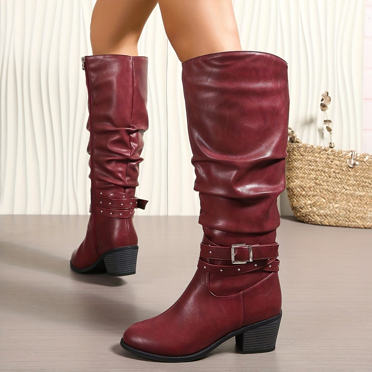 Slouchy Knee High Boots with Buckle Strap for Women - View 10