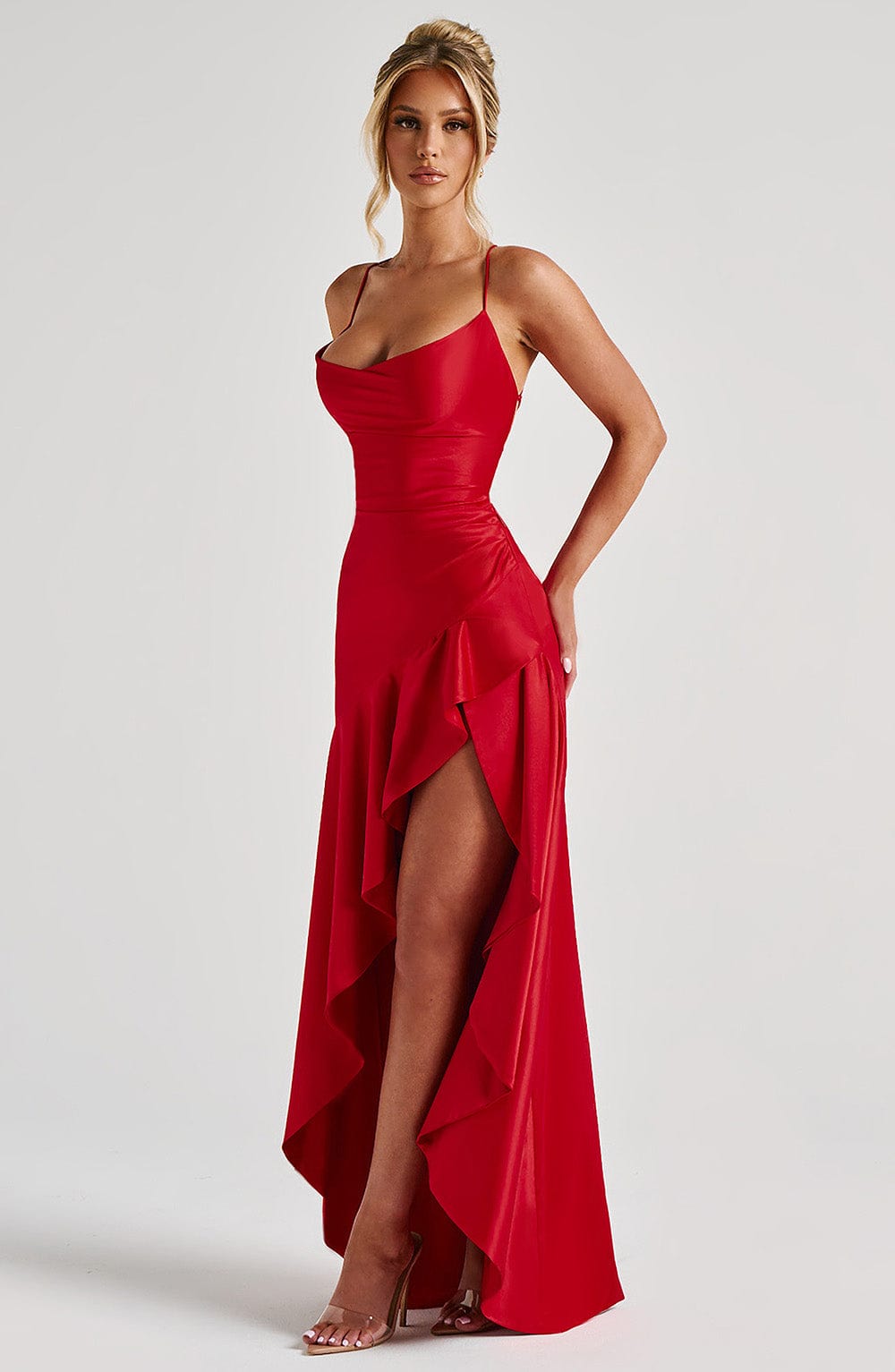 Lydia – Women's High Slit Ruffle Cowl Neck Maxi Dress
